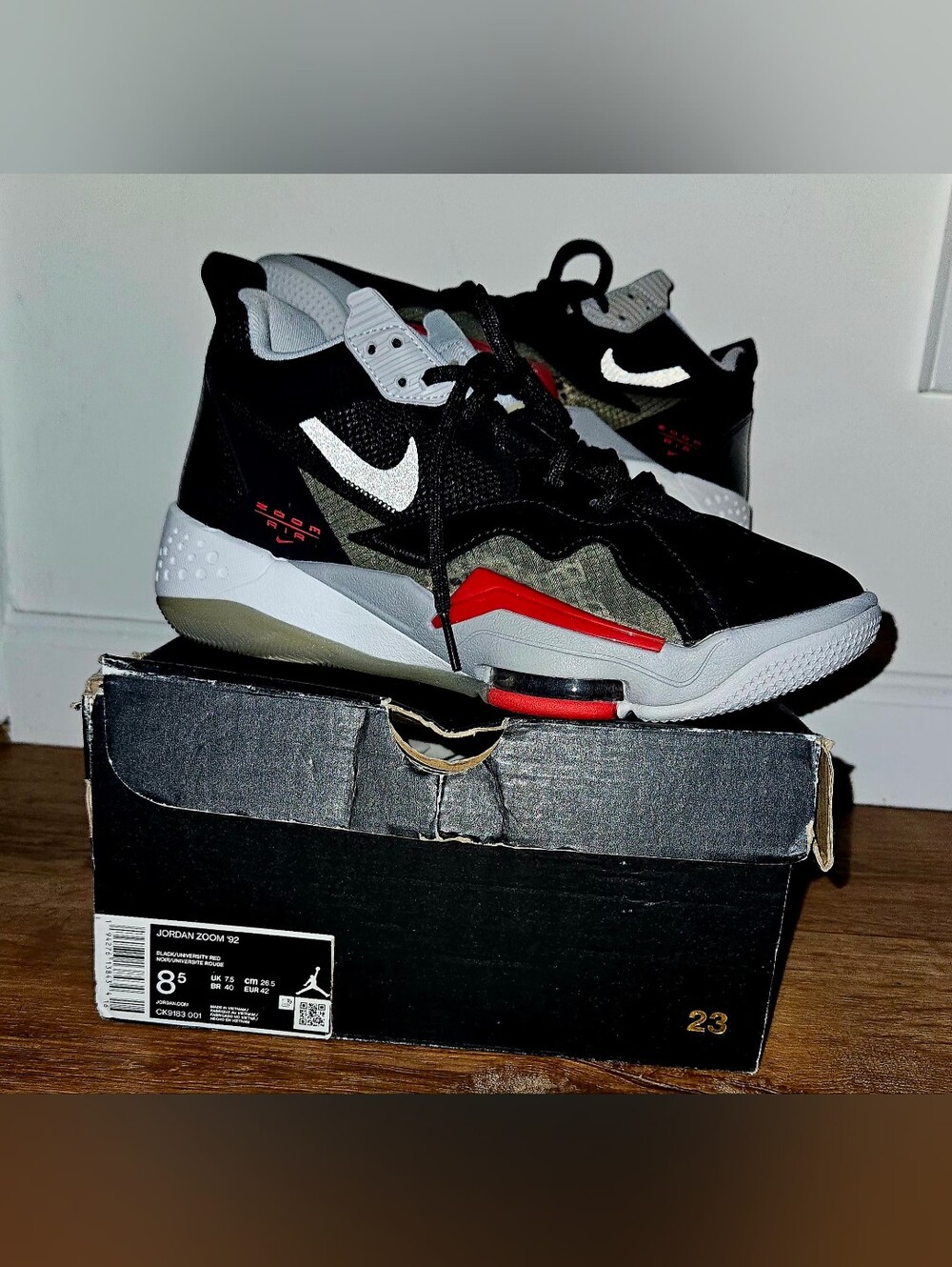 Air Jordan Zoom '92 in the classic "Black Cement" / "Bred" colorway